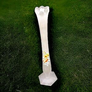 Vtg Bud Vase Frosted Satin Hand Painted Daisy Roses Flowers 10"